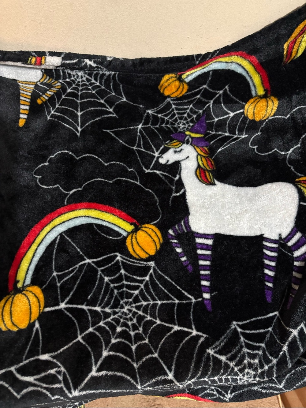 Halloween Unicorn Throw Blanket - Black with Purple, Yellow & White